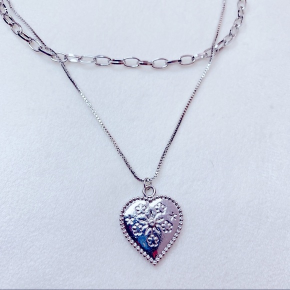 ❣️$25/3❣️ Sliver Plated Heart Pendant Double Chains Necklace - Picture 6 of 14